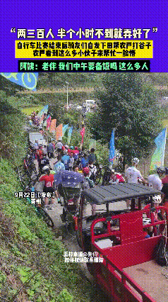 有点懵！9月22日，贵州，自行车比赛结束后骑友们自发下田帮农户打谷子，两三百人
