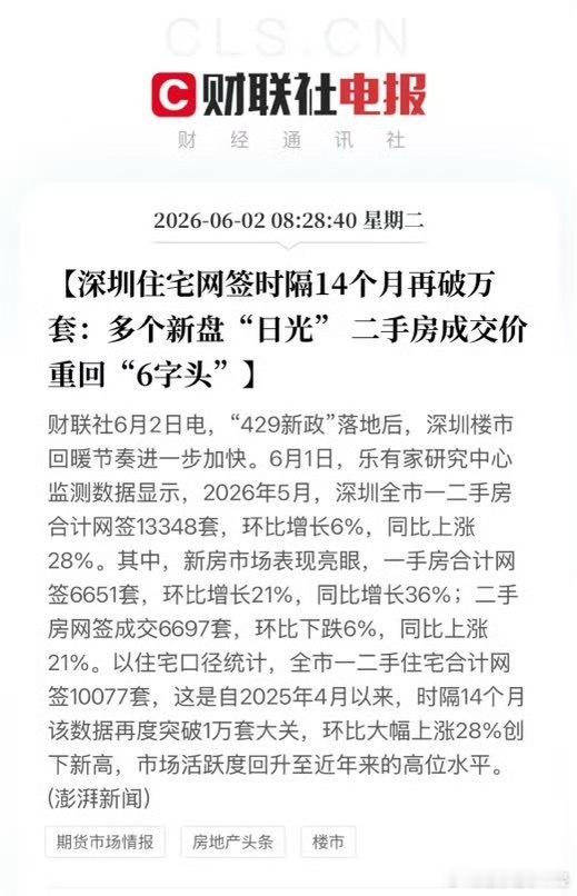 【深圳住宅网签时隔14个月再破万套：多个新盘“日光”二手房成交价重回“6字头”