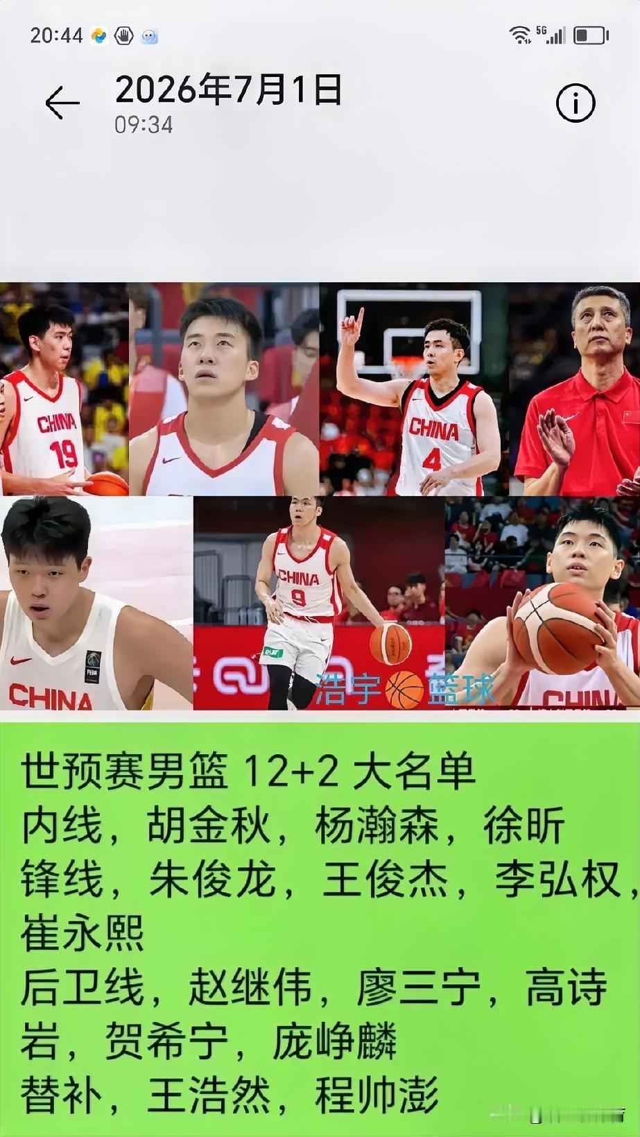国家男篮12人大名单公布，本人7月1日精准预测，丝毫不差。据知名媒
