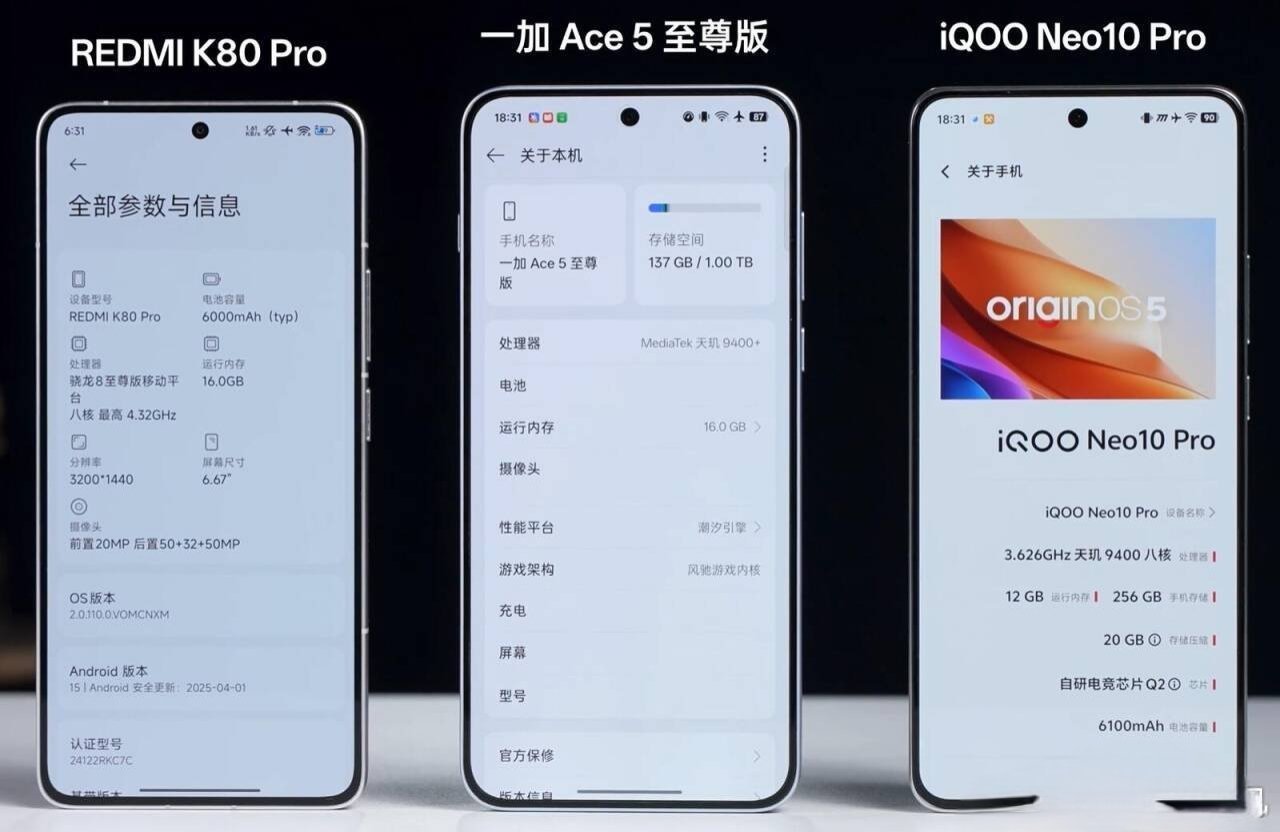 一加Ace5至尊版真机正面照，对比REDMIK80Pro和iQOONeo1
