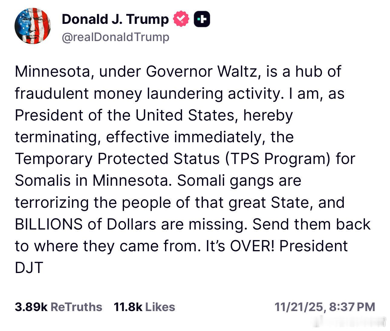 川普总统刚刚终止了伊尔汉·奥马尔选区索马里居民的受保护身份。奥马尔的票仓被一锅端