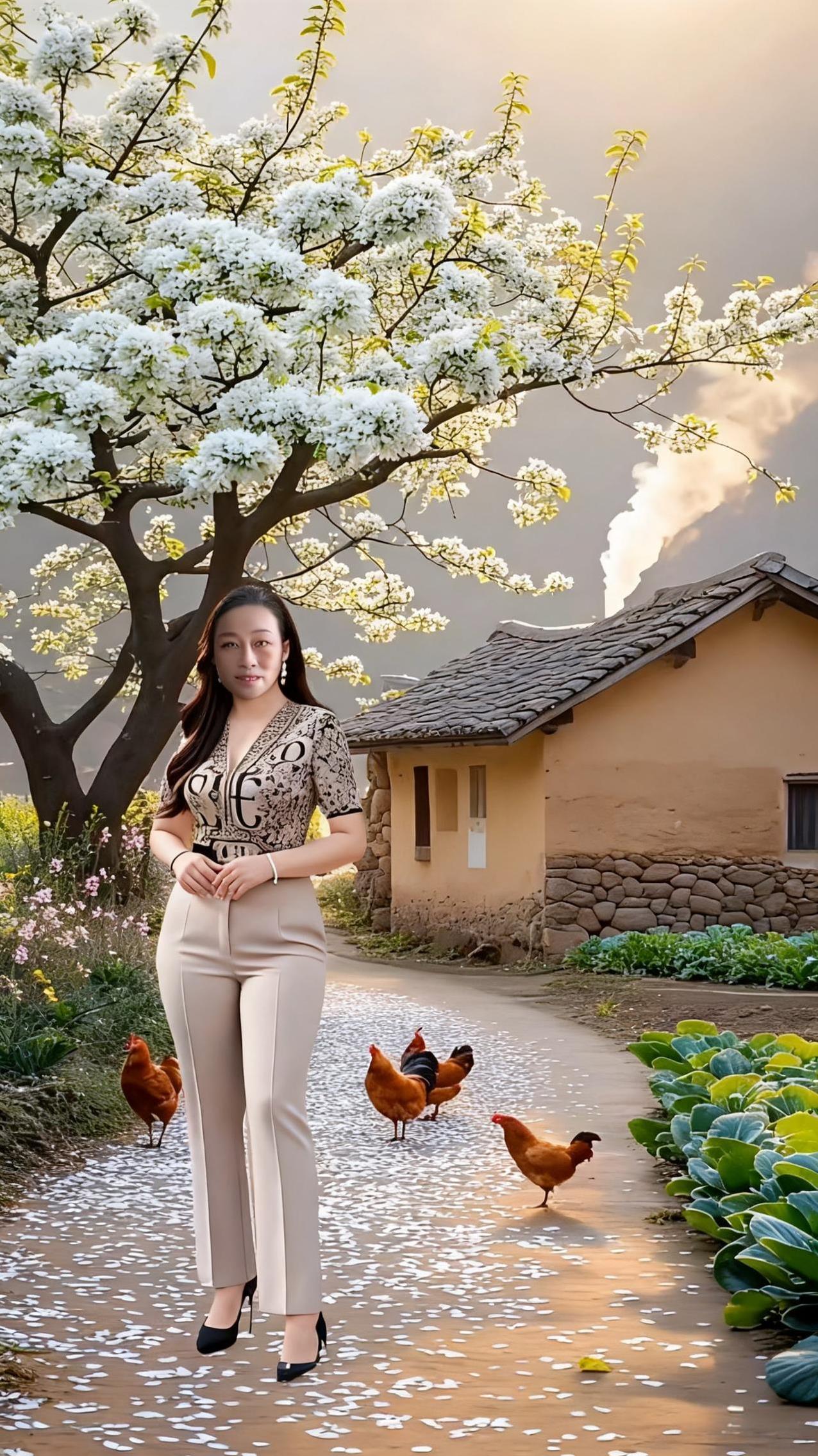 咏梨花佳人梨花开遍小村旁，艳色堪将海棠藏。小径鸡群闲步处，美人风致韵尤长。