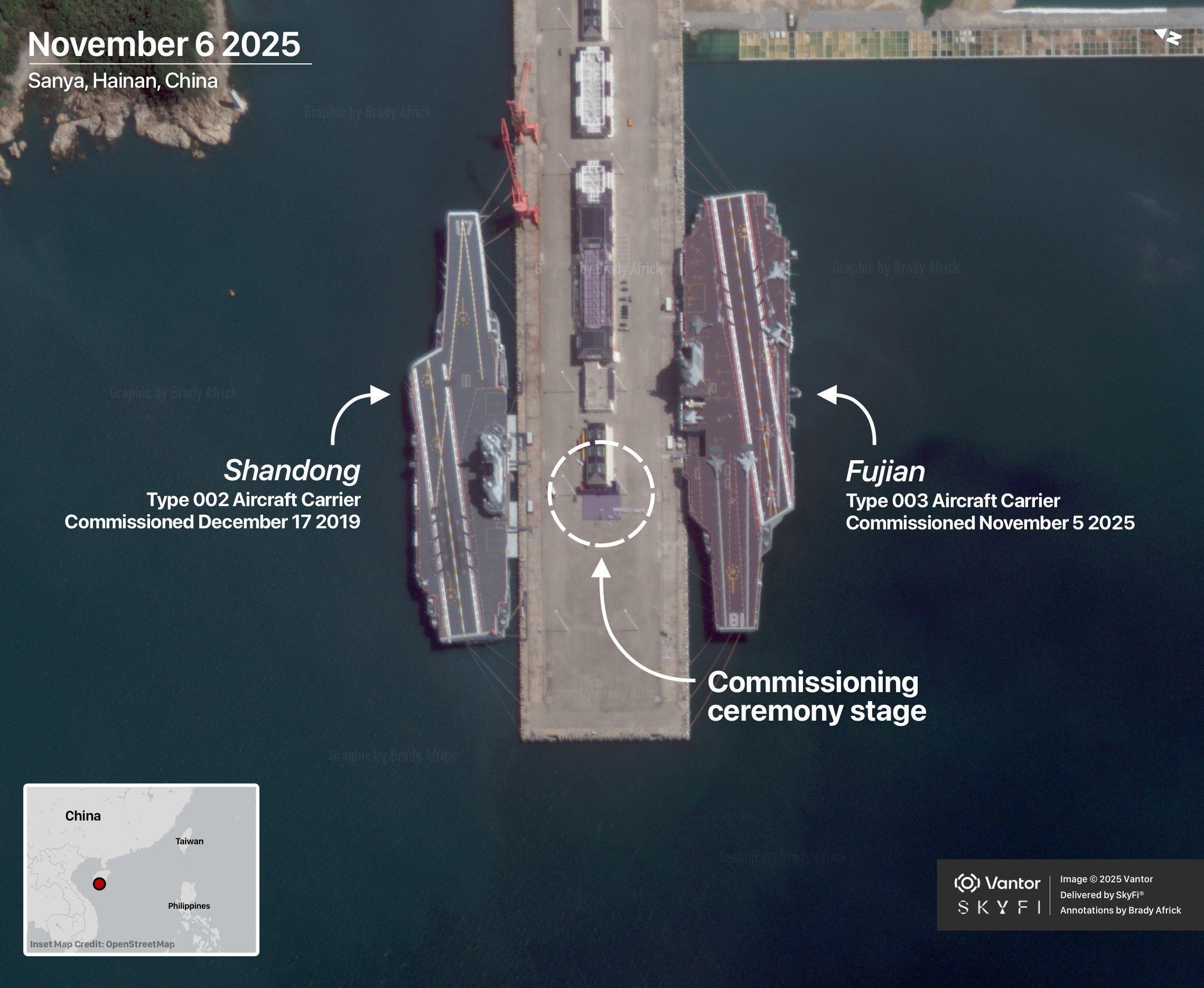 11月6日服役后福建舰和山东舰卫星图福建舰上的舰载机清晰可见接下来东大的航母