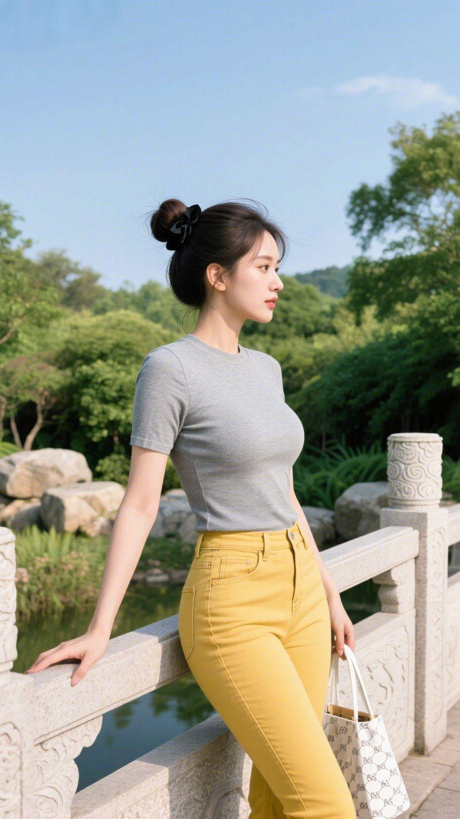 夏风漫过石桥风掠过发梢，黑蝴蝶结在丸子头后轻轻晃着。指尖触到石栏，还带着晨