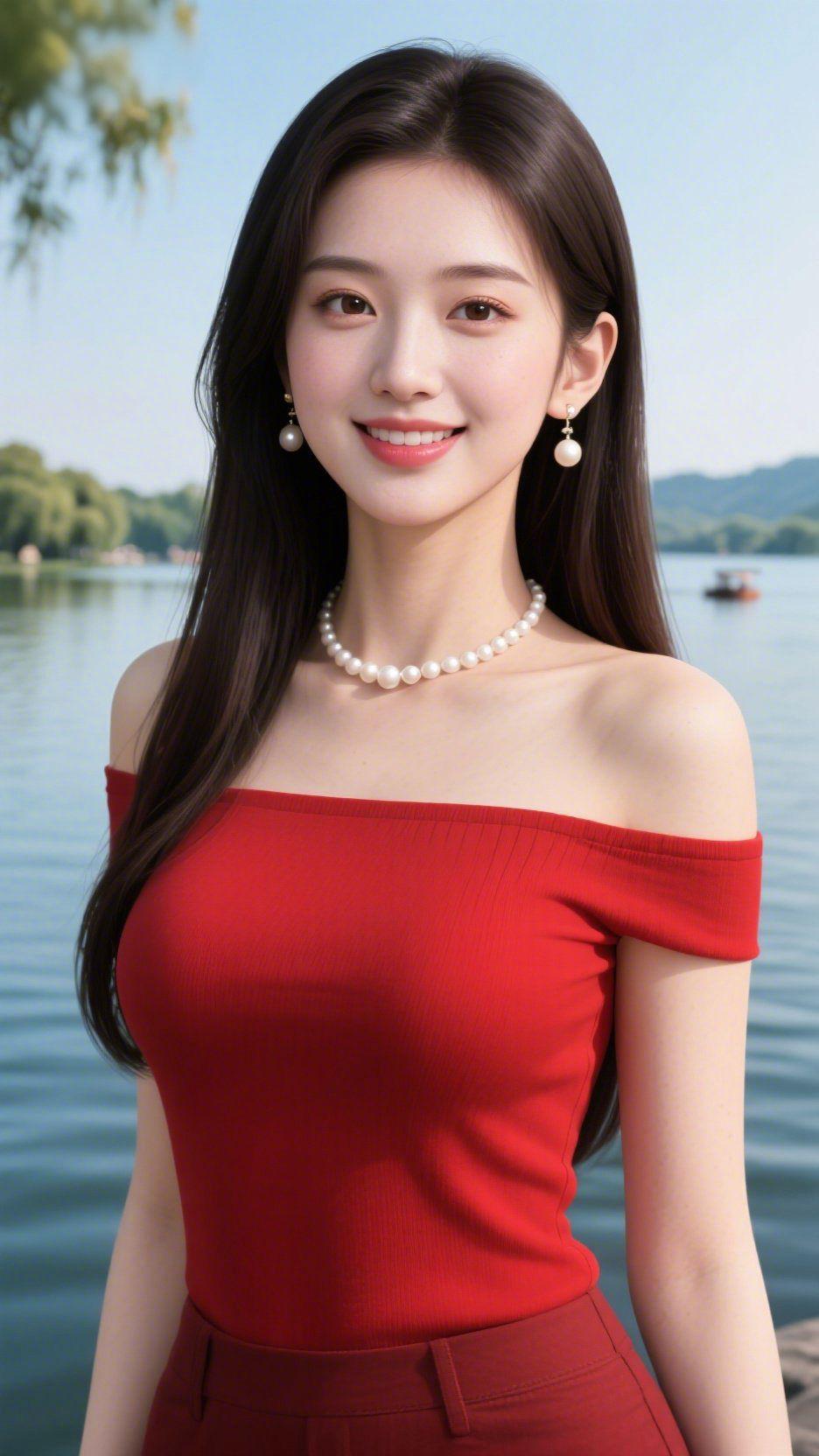 一湖夏意入风来岸柳垂着嫩枝轻扫水面，漾开一圈圈细碎波光。远山笼着淡青烟霭，