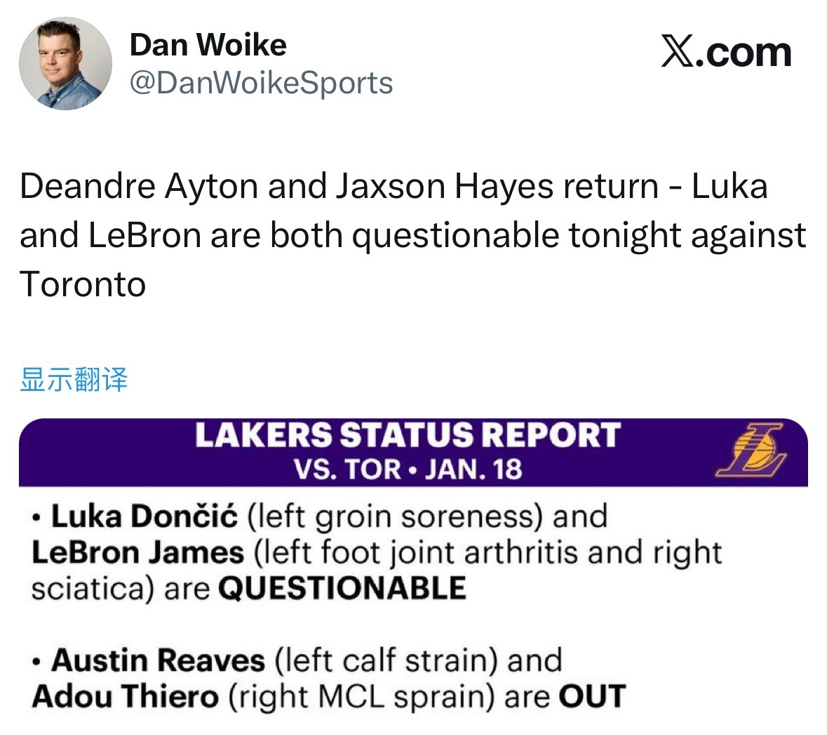 湖人对阵猛龙伤病报告：东契奇（左侧腹股沟酸痛）、詹姆斯（左脚关节炎+右侧坐骨神经