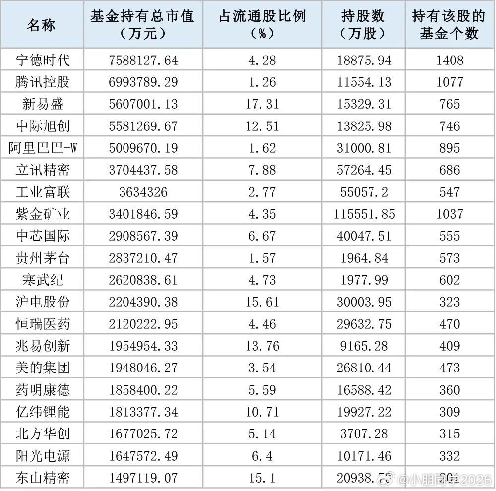 截至三季度末，宁德时代成为公募基金头号重仓股，腾讯控股则退居次席，AI新贵新易盛