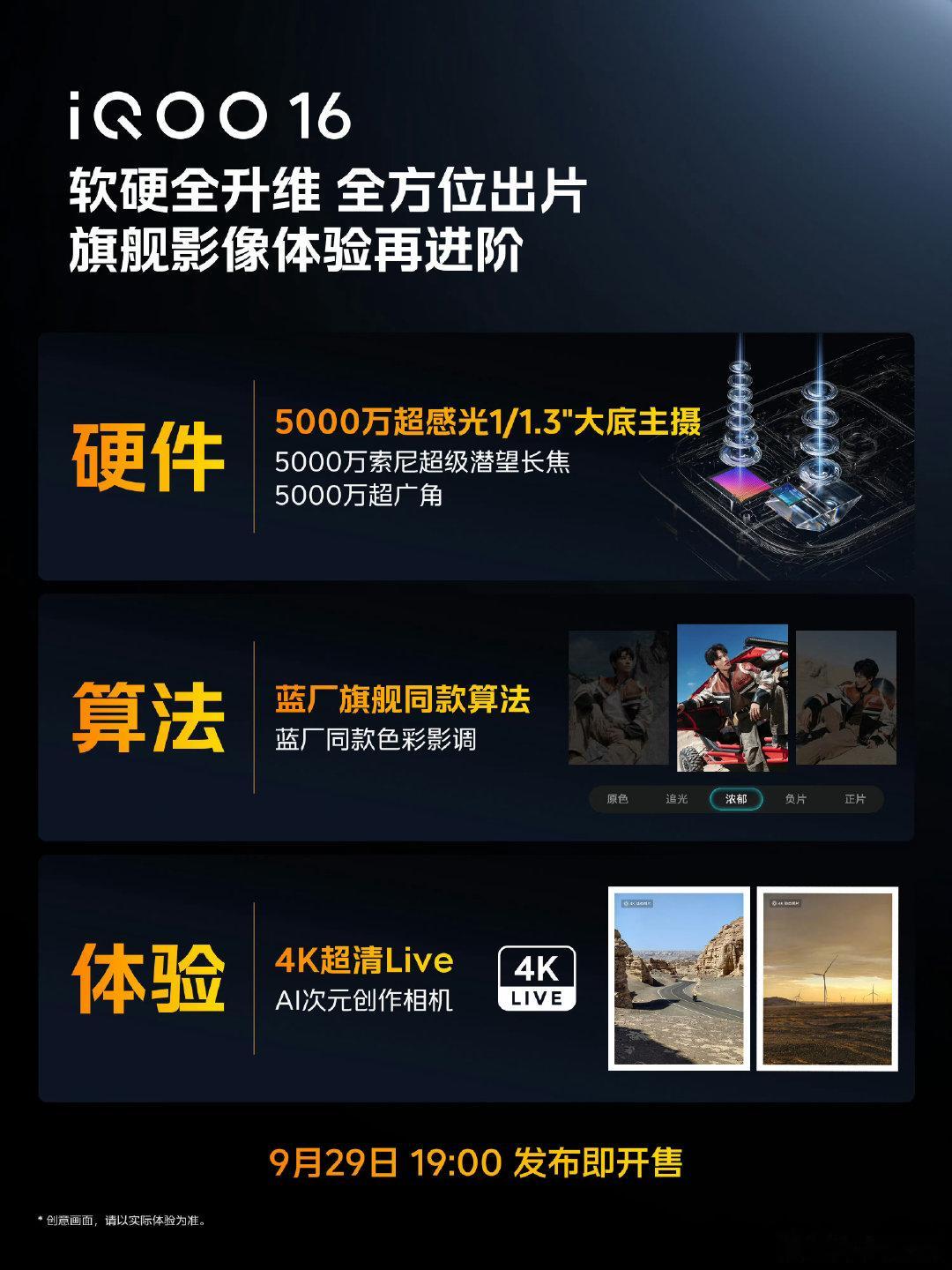 iQOO16影像：50MP超感光1/1.3超大底主摄，CIPA5.5，也是子系唯一的超大底了。50M