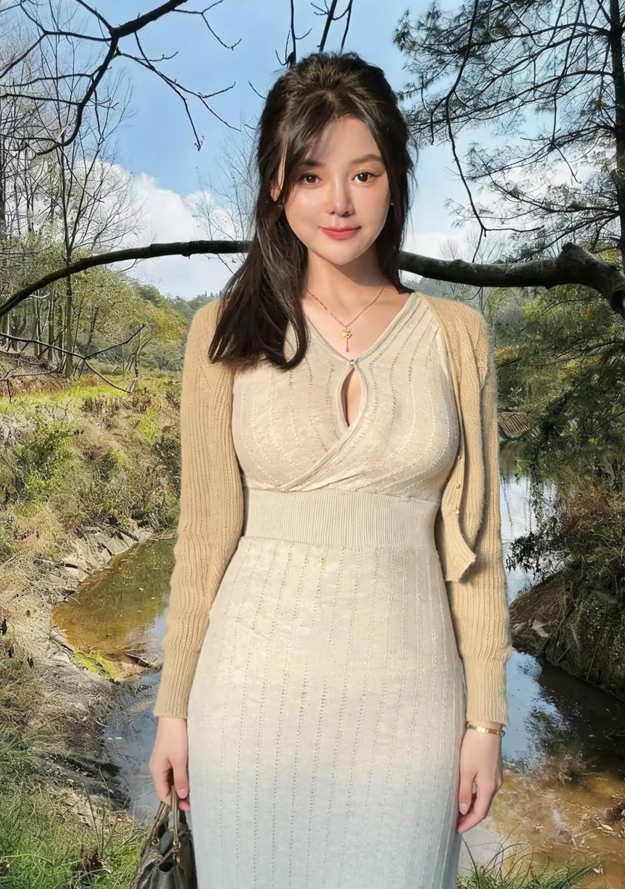 晴光铺野径，云影落肩头。素裙垂柔骨，开衫暖素秋。风梳纤发缓，雾散远山浮。此