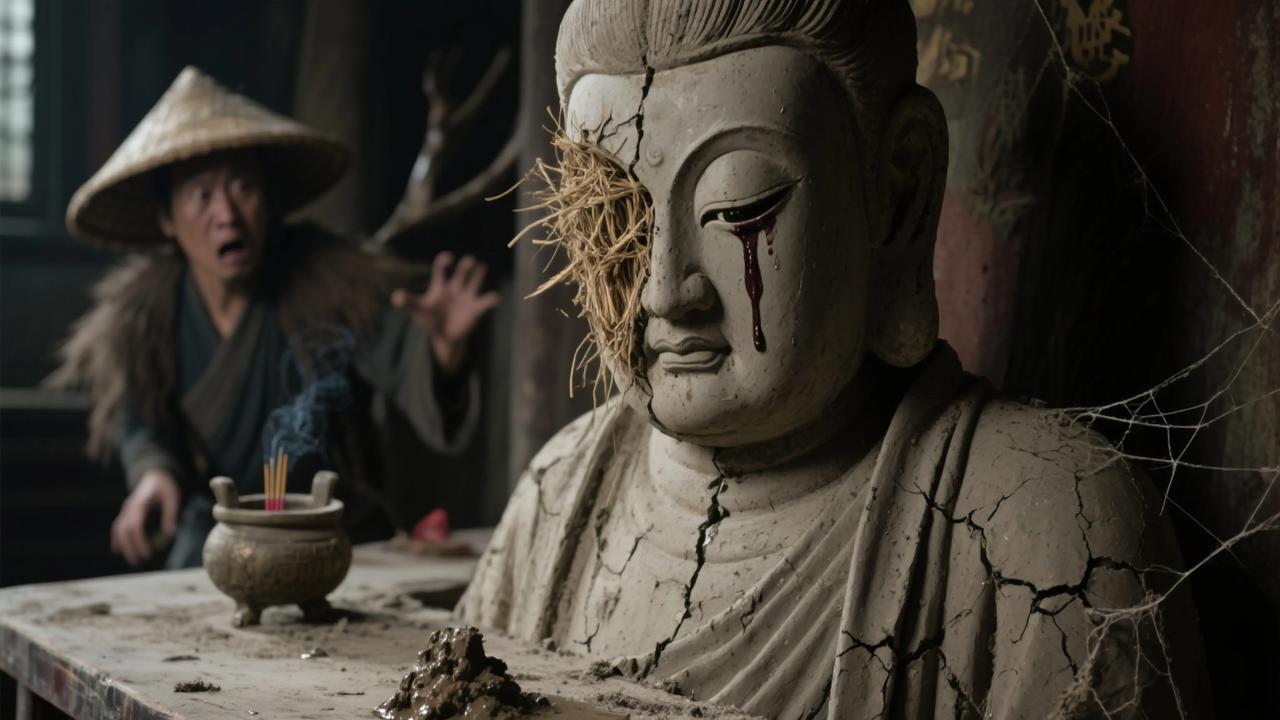 小时候，邻居王阿姨讲了个邪乎事！光绪年间，孙猎户躲雨进山间破庙，泥胎神像半边脸都