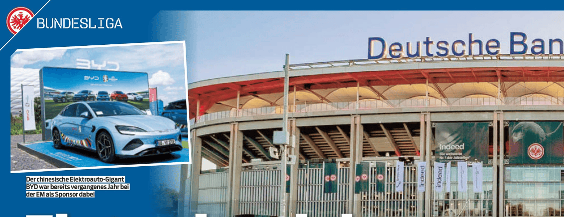 比亚迪预计赞助法兰克福+冠名为比亚迪竞技场, 总额9000万欧