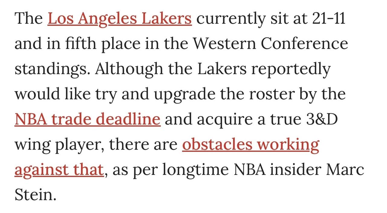 MarcStein：据联盟消息人士称，湖人￼将继续在交易市场上寻觅，希望能在2