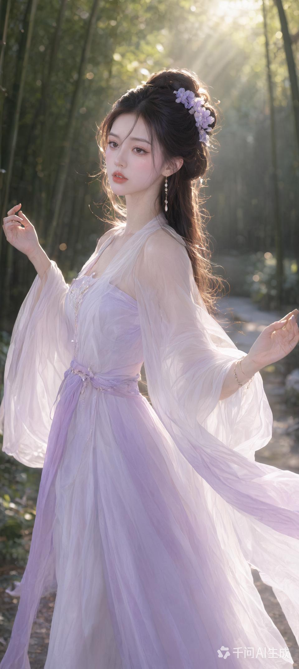 仙气飘飘的汉服少女，竹林间轻盈漫步，仿佛穿越时空的仙女。