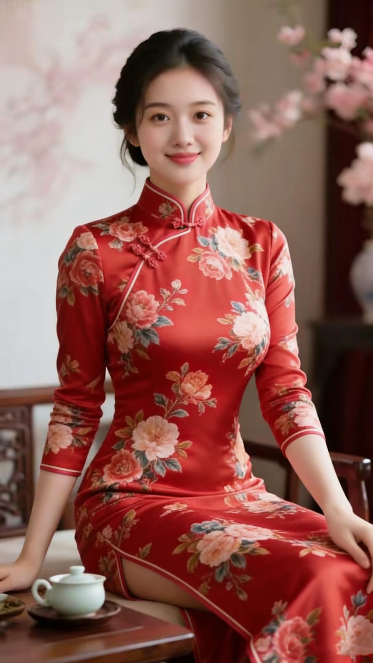 《红襟栖春闲》案头青瓷茶器裹着暖香，她着一身红缎旗袍，衣上牡丹纹样随衣料舒