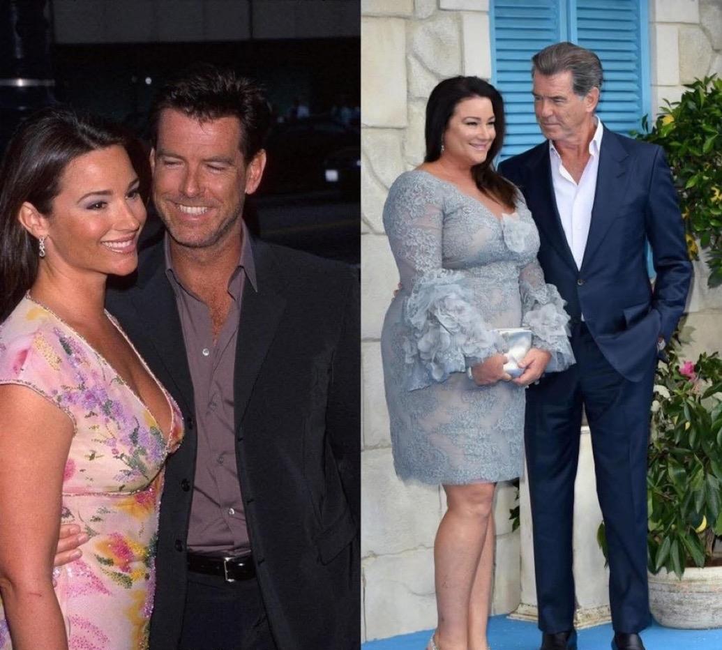 第一张照片是演员皮尔斯·布鲁斯南和他妻子二十年前、他们婚姻初期的合影。第二张照片