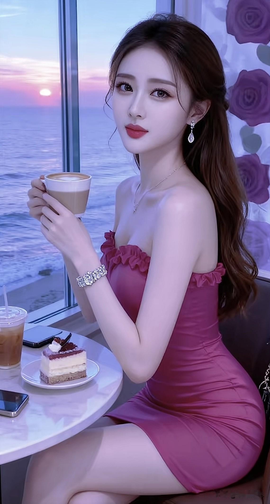 海边日落时分，优雅少女享受咖啡与甜点。下午茶少女温柔咖啡写真曼妙下午茶温柔