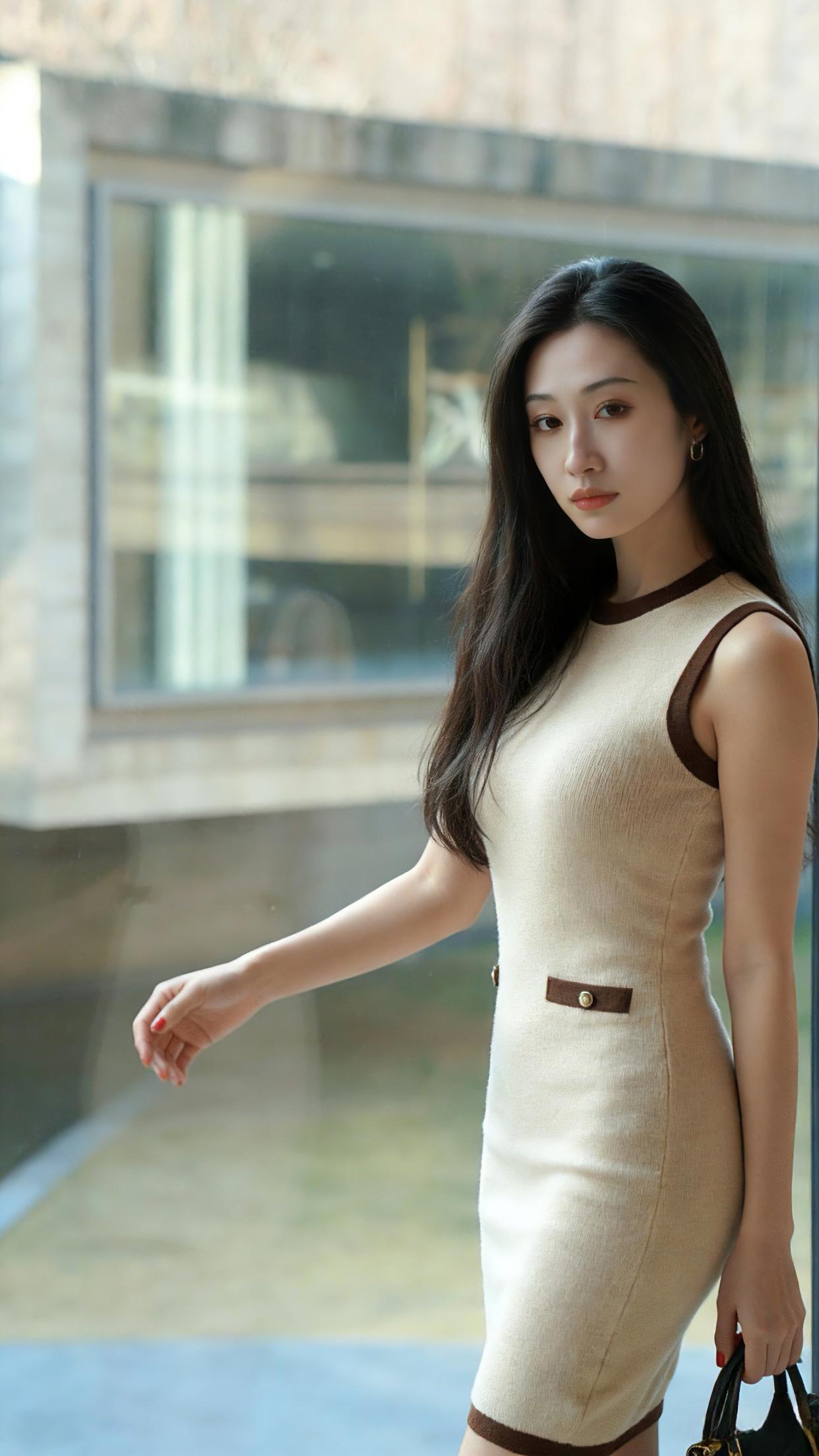 优雅都市风，米色连衣裙搭配黑色手袋，尽显时尚魅力！