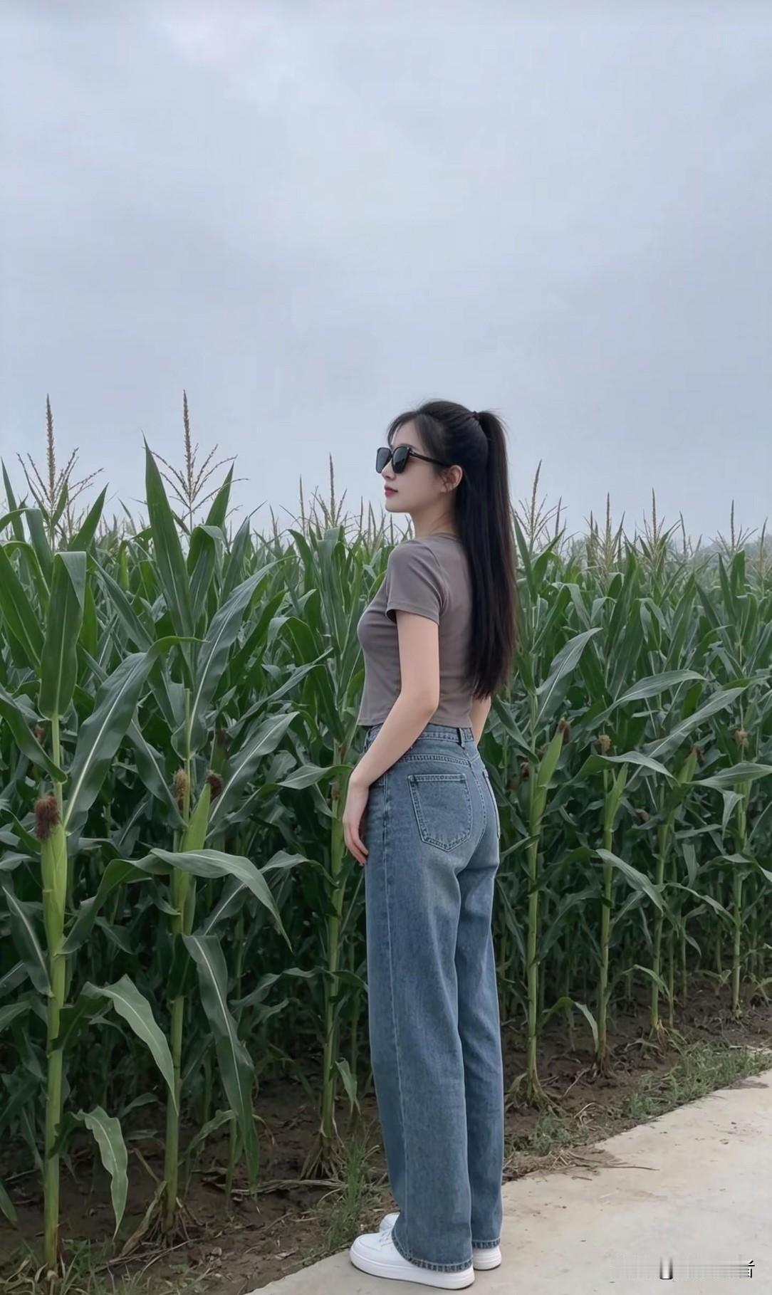 穿废土风解构破洞T恤女孩的又一面。站在玉米地旁想什么？站在玉米地旁，穿废土风