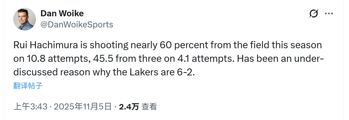 湖记DanWoike：“八村塁本赛季场均出手10.8次，投篮命中率接近六成（5