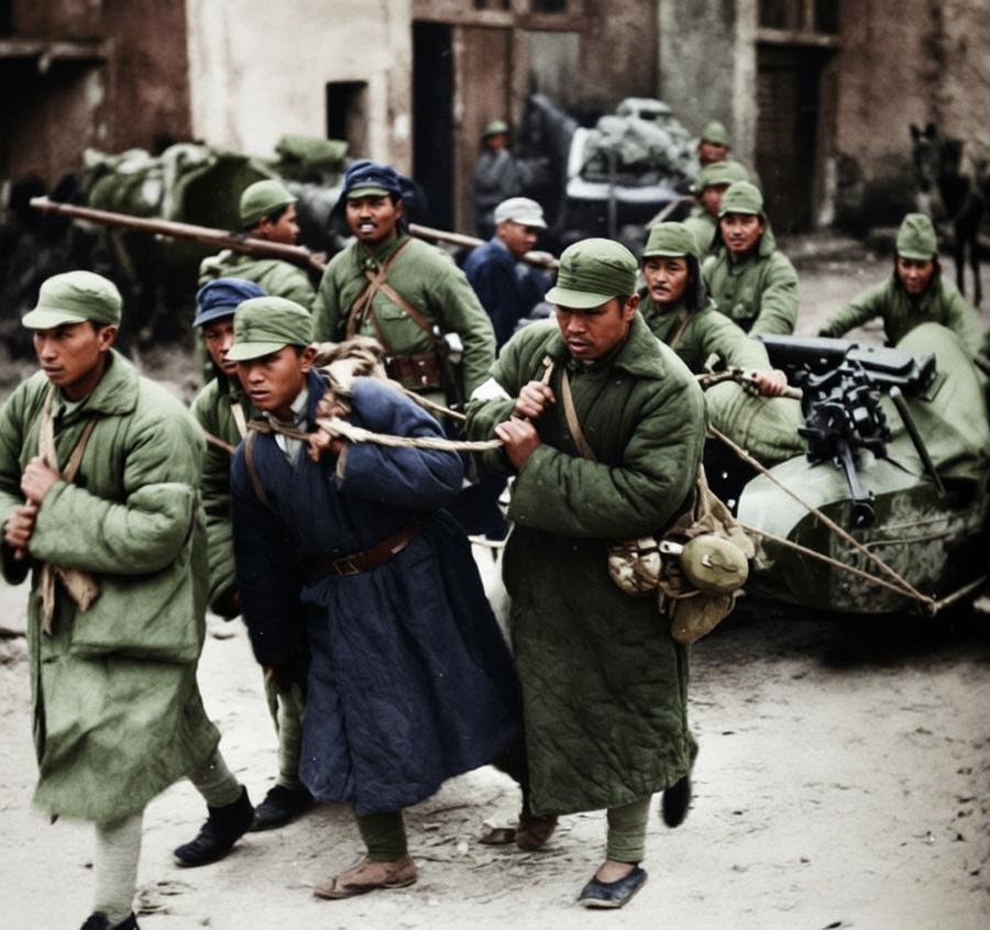 这是1938年日军扫荡后的现场，泥泞的土路上，四名被俘的中国军人被强令拖拽着故障