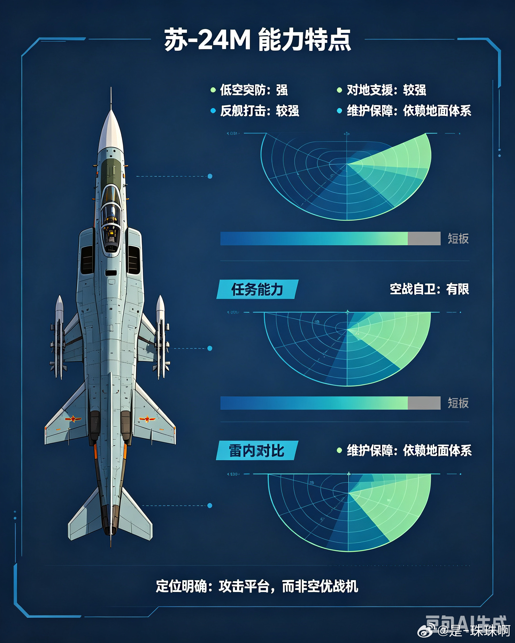 苏‑24M是苏联研制的可变后掠翼双座前线轰炸机，乌克兰从苏联继承少量该机，在俄乌冲突中发挥了不可替代