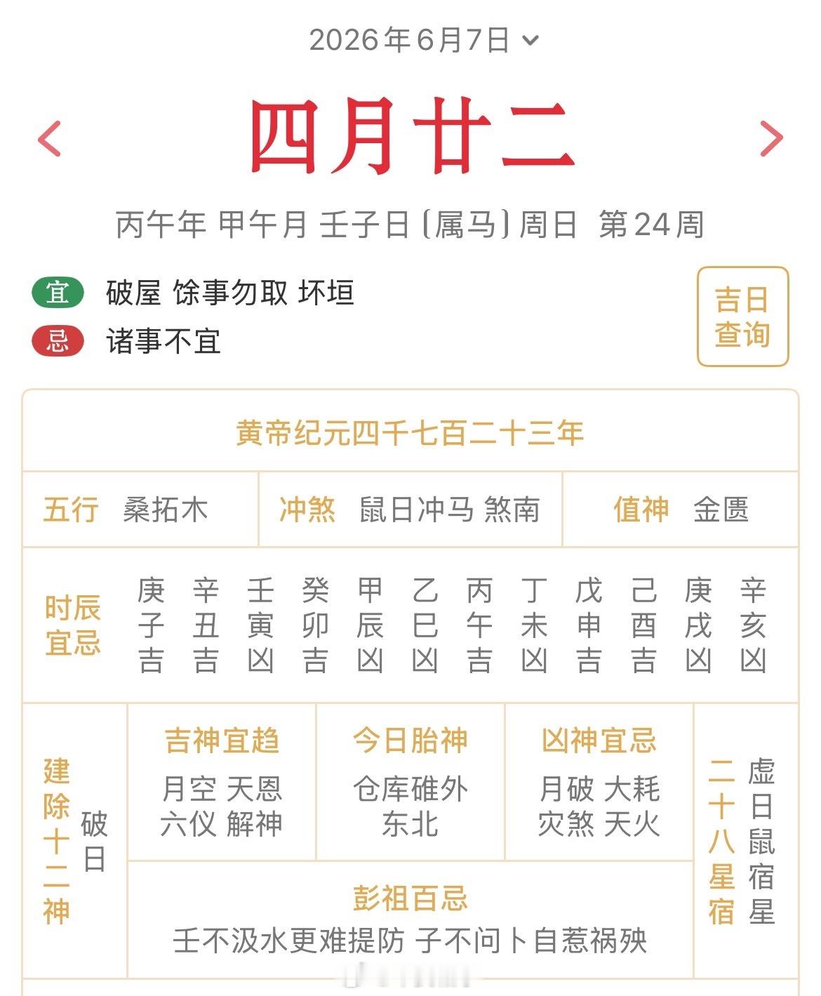 十二生肖每日简运仅供参考2026.6.7丙午年甲午月壬子日壬子天克地冲丙午：八