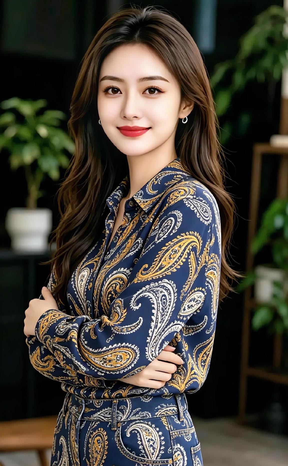 卷发如波浪轻摇，花纹衬衫裹着骄傲。双臂交叉是自信的信号，笑容像春风拂