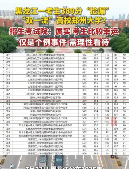 “解释不清了！”黑龙江，一考生高考389分，竟然被“双一流”郑州大学录取