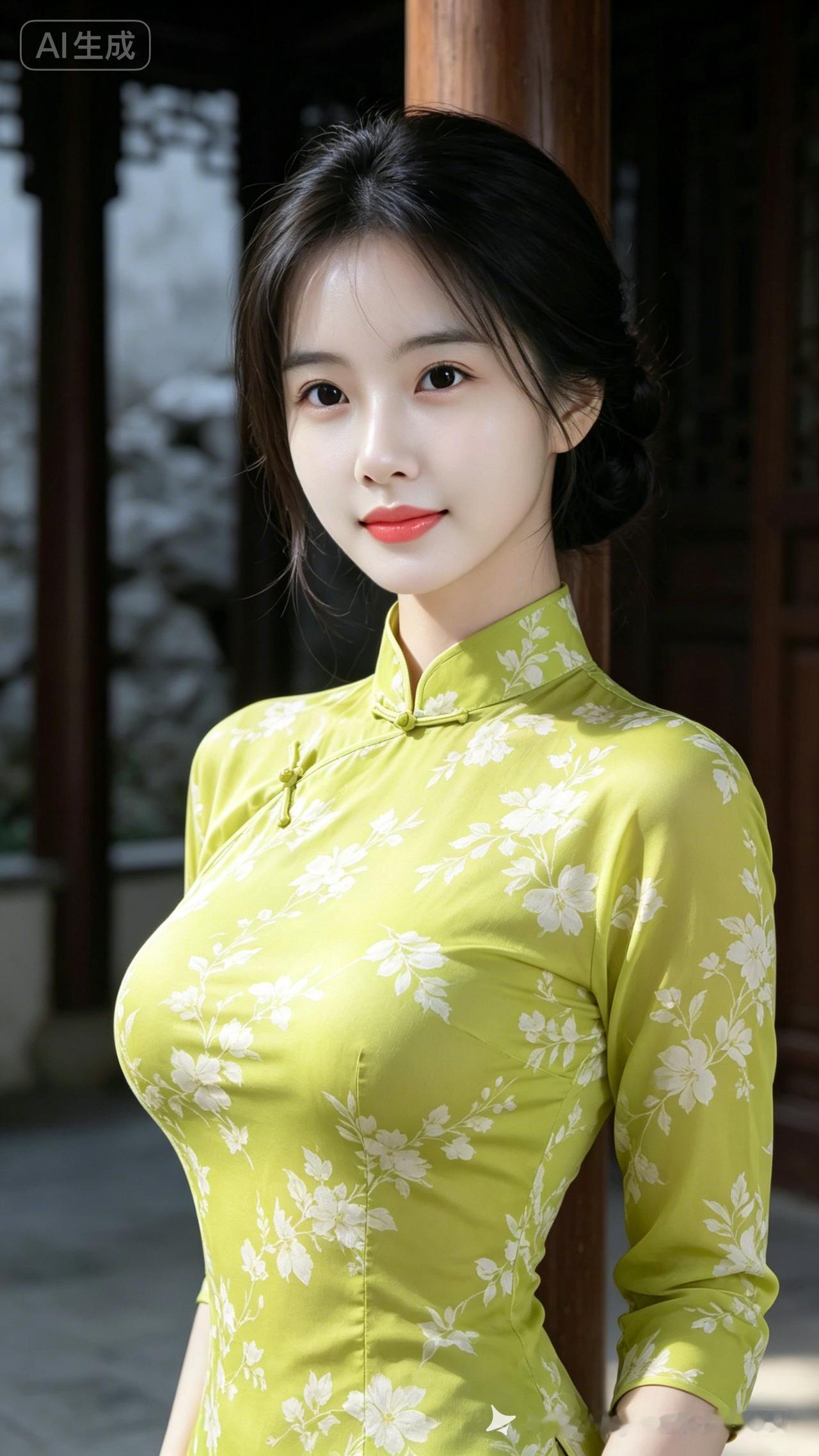 这姑娘穿件绿色花旗袍真好看！