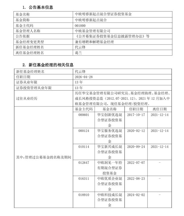 基金经理的进退，看的是匹配度不是名头。4月29日中欧基金公告，中欧明睿新起点基金