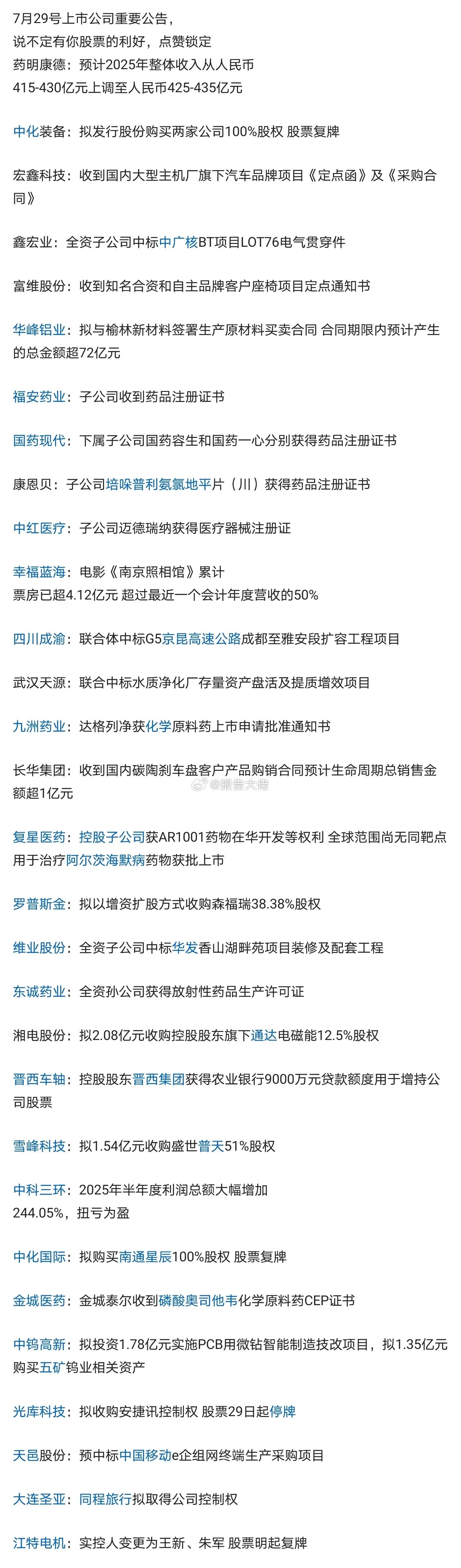 7月29号个股重要公告​​​
