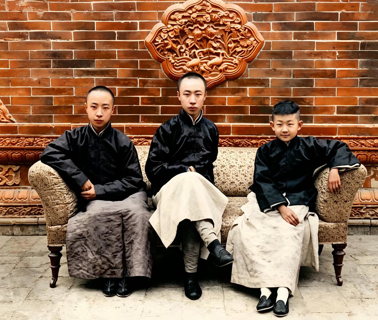 这是溥仪与弟弟溥杰，还有小舅子润麒在紫禁城里。弟弟溥杰曾是溥仪的专属伴读，而小舅
