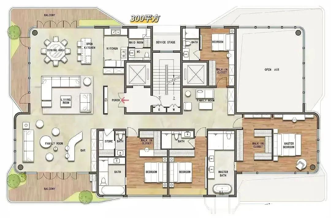 300㎡的房子，是把生活的热闹和安静都装下了。一进门是开阔的玄关，往里走，客餐厅