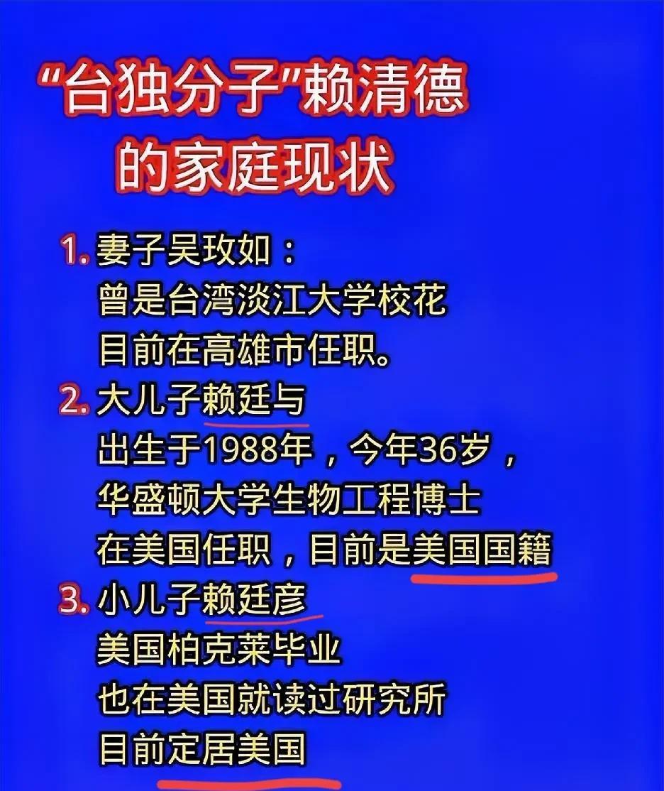 完犊子了：赖清德，已做好跑路的准备了！他的大儿赖廷与，是USA籍。他的小儿赖廷彦
