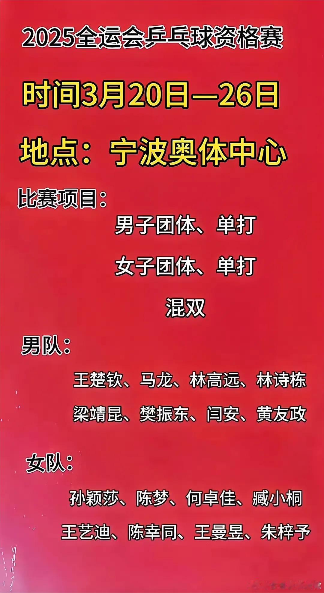 莎莎代表河北队参加全运会马龙大头代表北京队参加2025全运会资格赛，在宁波