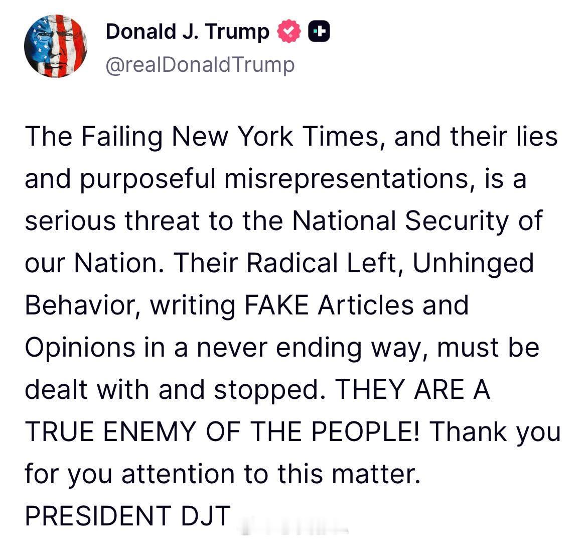 懂王宣布！破落户《纽约时报》是人民的敌人！中方回应美称中部署百余枚洲际导弹