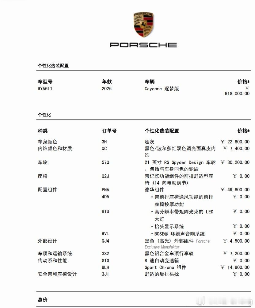 保时捷卡宴哑灰指导价1057400元全款裸车769328元店内保险卖