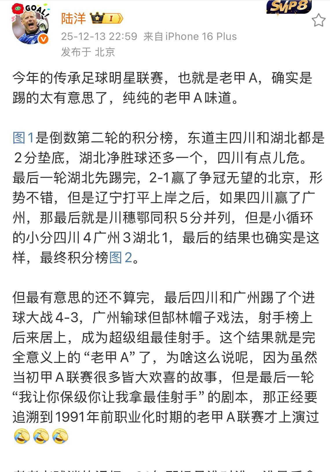 老甲A今天落下帷幕，东道主四川队有惊无险的保级成功！郜林获最佳射手，媒体人陆洋表