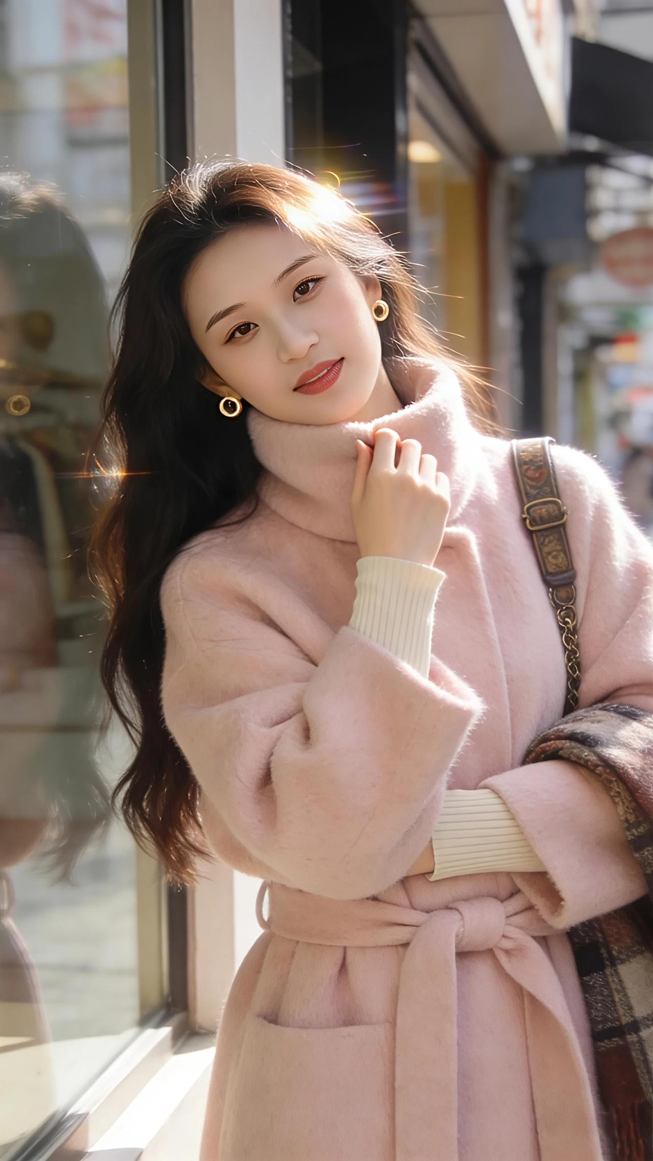 冬阳漫过街角，浅粉大衣裹着温柔，金环轻晃，笑靥里藏着一整个季节的暖意。高贵的气