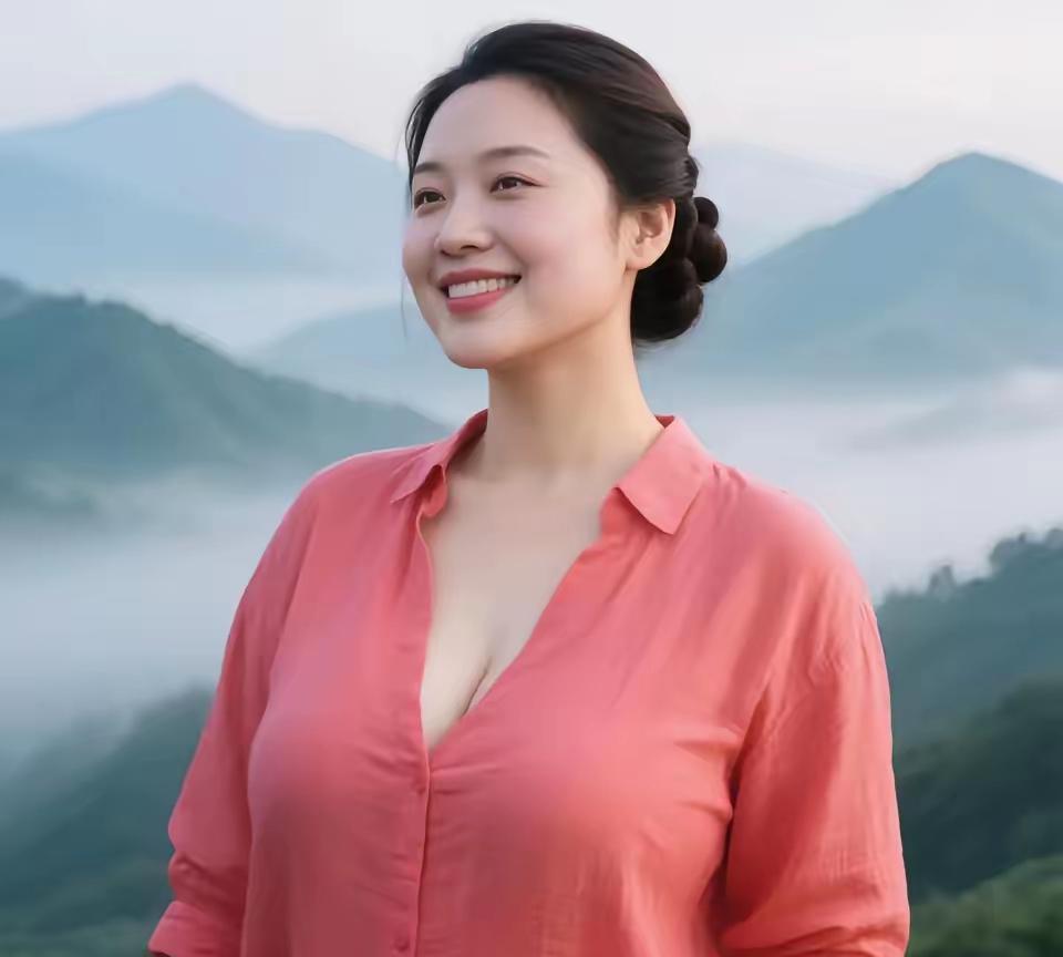 跳出画面的诗她立于山峦之间，似是从朦胧诗意中走出的精灵。绯红的衣衫，如春日里最