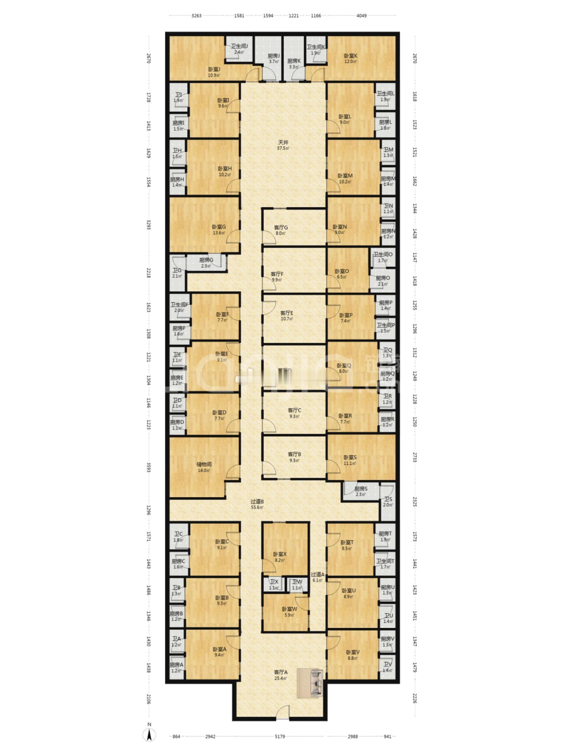 广州荔湾某房屋户型图，一共有58个套间。