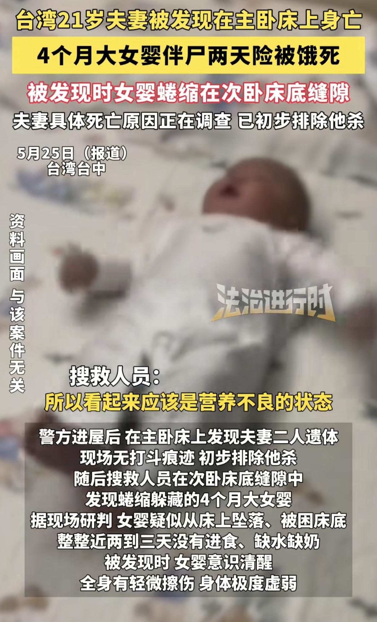 台湾21岁夫妻被发现在出租屋身亡，留下4个月女婴，幸亏社工追着联系打疫苗，不然孩