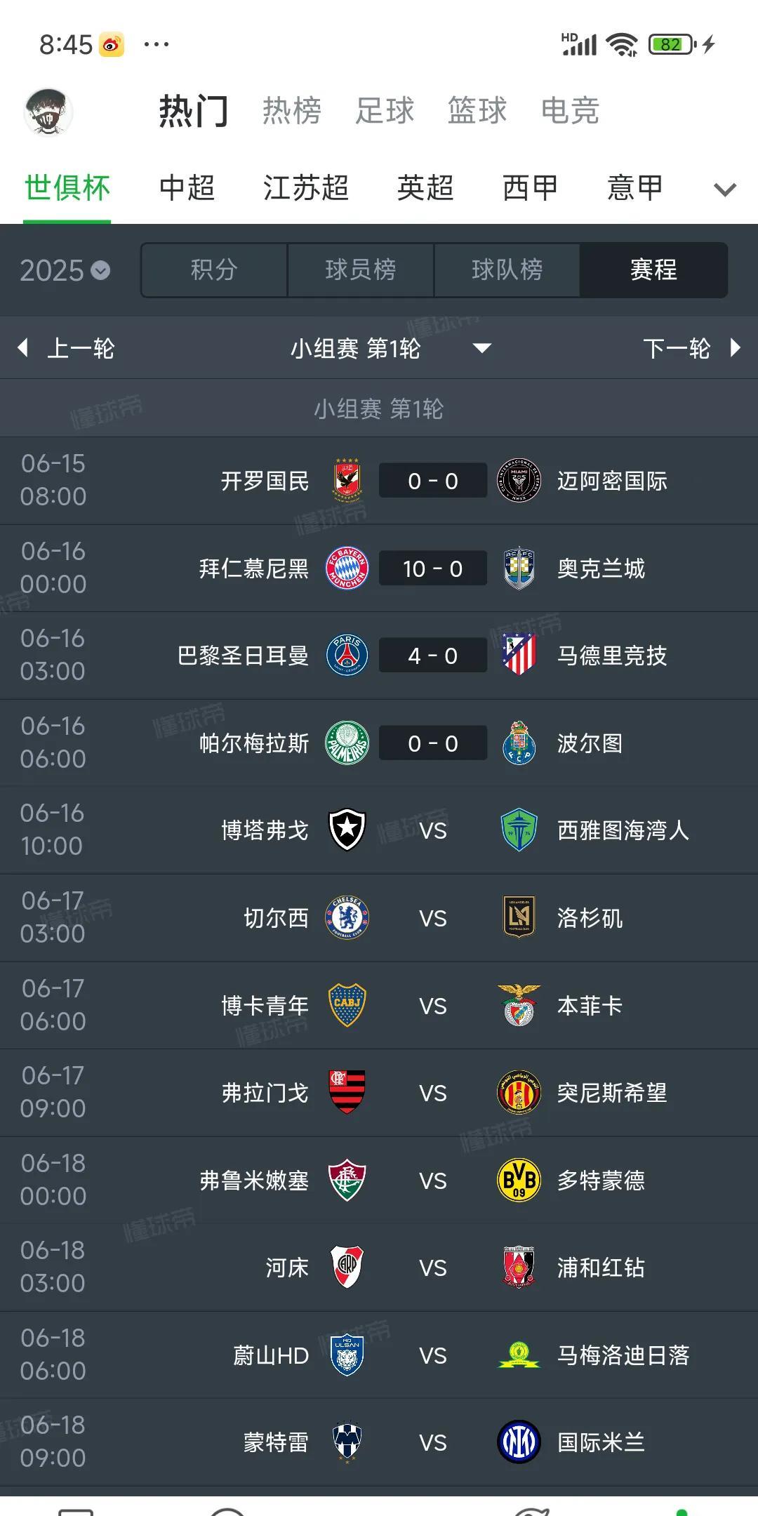 世俱杯比赛强弱分明。拜仁直接10比0不知明球队。大巴黎4比0马竞，看来国米惨