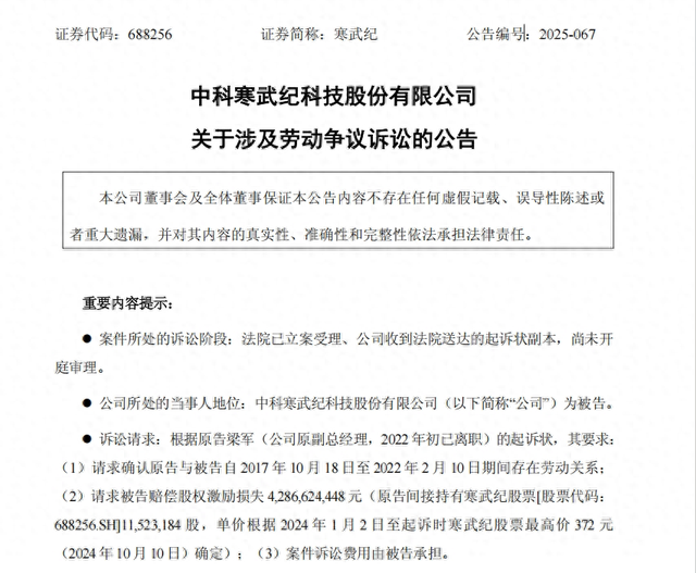 寒武纪被起诉, 索赔近43亿元!