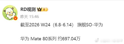 Mate80系列已经近700W的销量了，照这个势头，离90发布大概还有三个月，