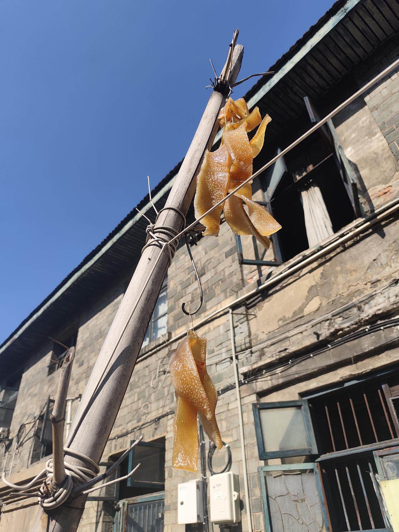 天气正好，看到有人在晒猪皮。猪皮，也是一道美食啊。可以烧猪皮肉冻，把猪皮