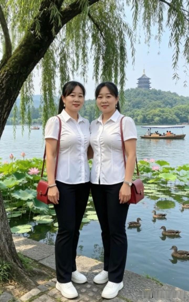 双胞胎姐妹漫步西湖畔，画面美轮美奂。此前那对双胞胎“小和尚”游西湖吸粉无数，这对