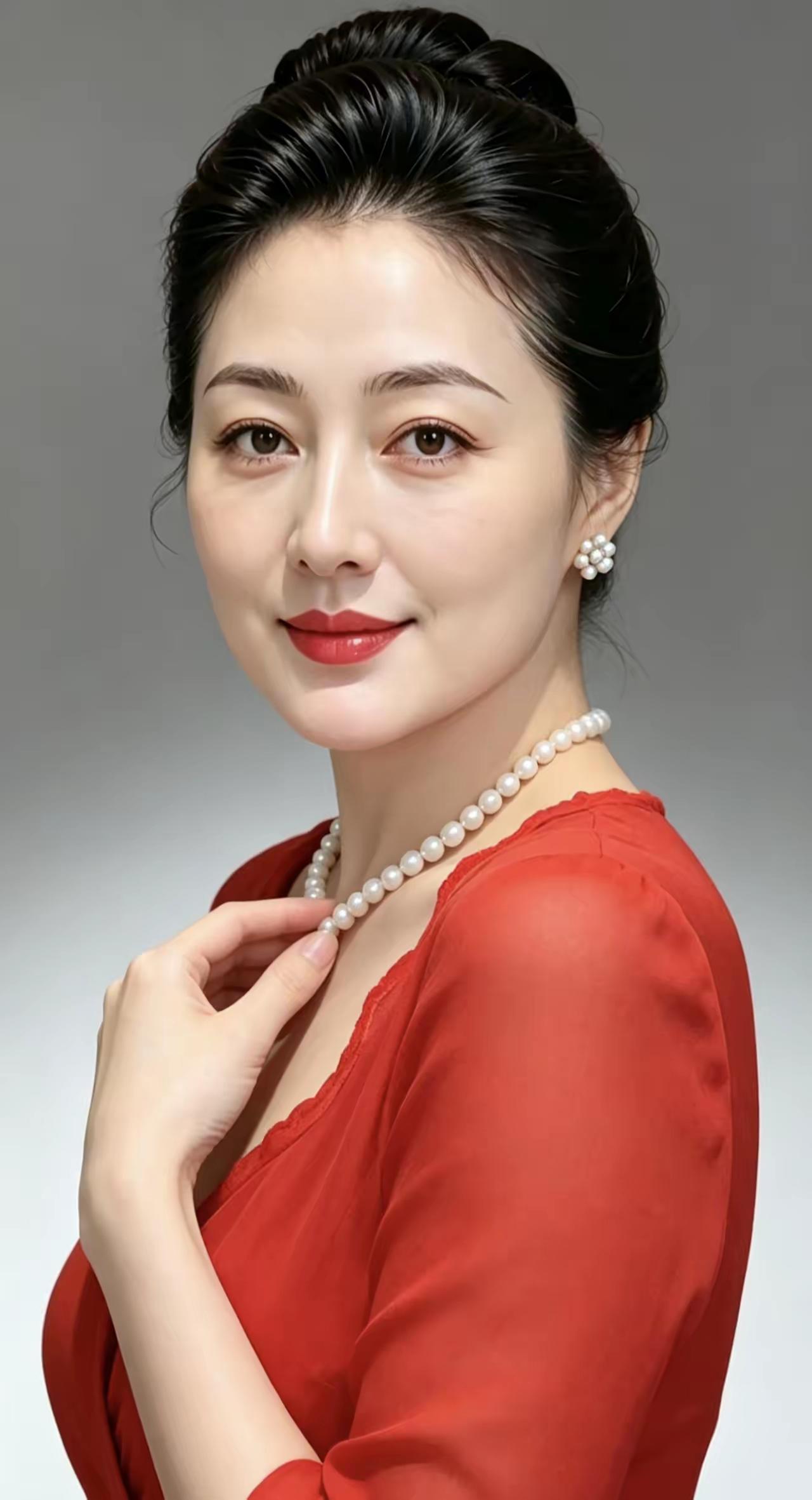 红衣珍珠搭配很优雅优雅大方，魅力四射其实中年小姐姐打扮一下也很漂亮