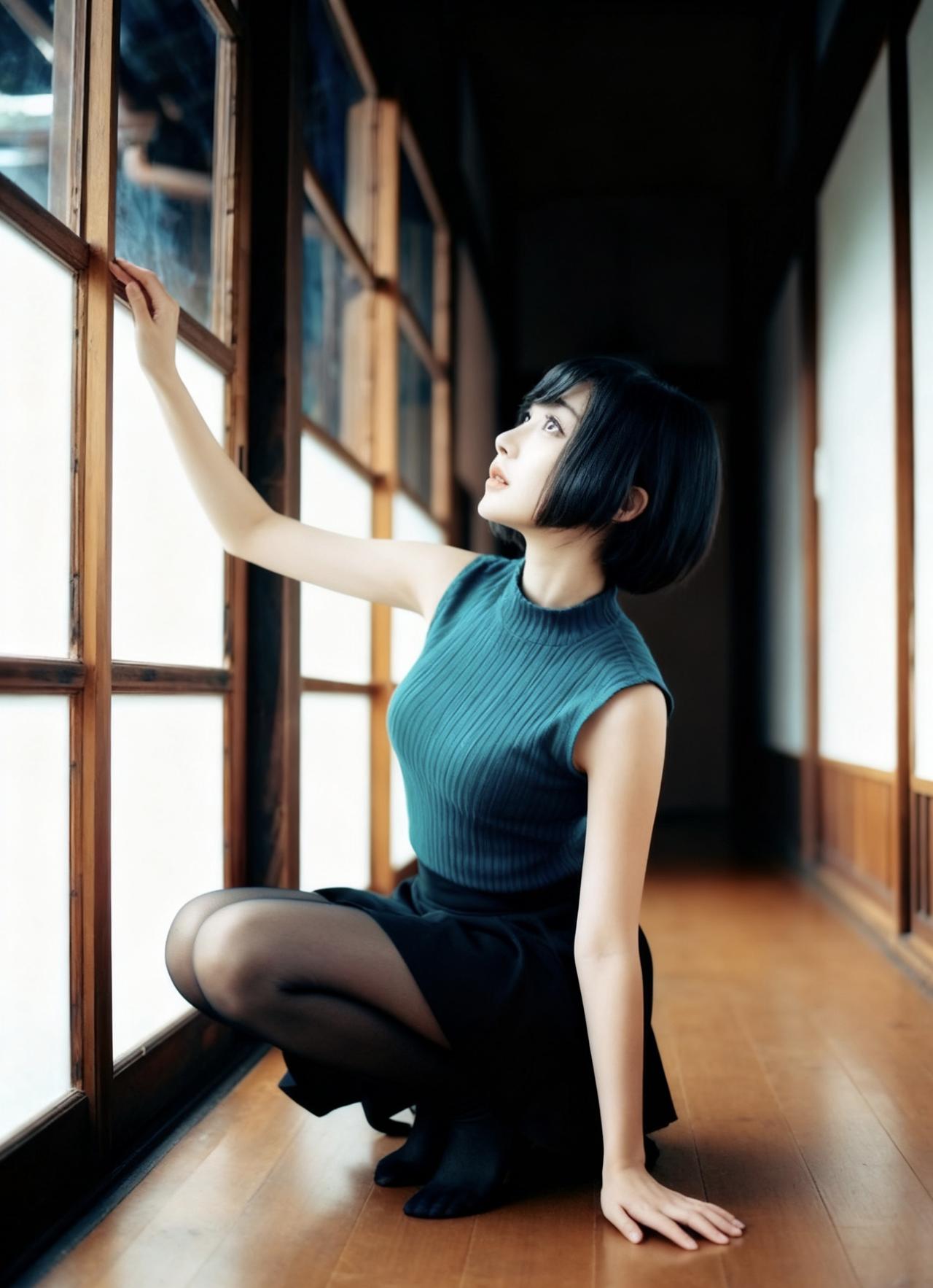 青春合集5️⃣坐在榻榻米回廊的窗边木质拉门的光影落在腿上连光都带着旧式建筑