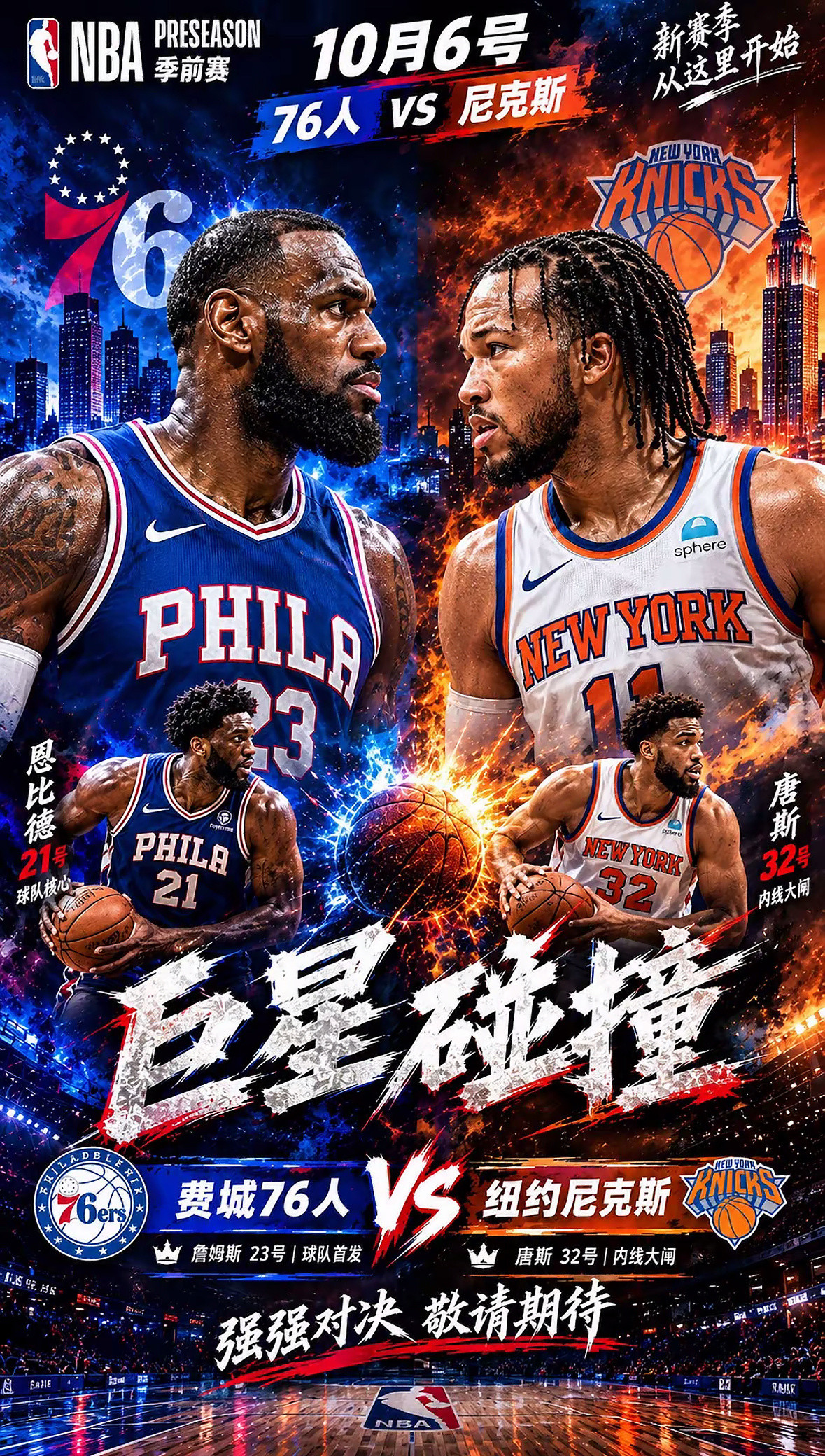NBA季前赛10.6号赛程⏰07.00尼克斯vs76人老鹰vs灰熊活